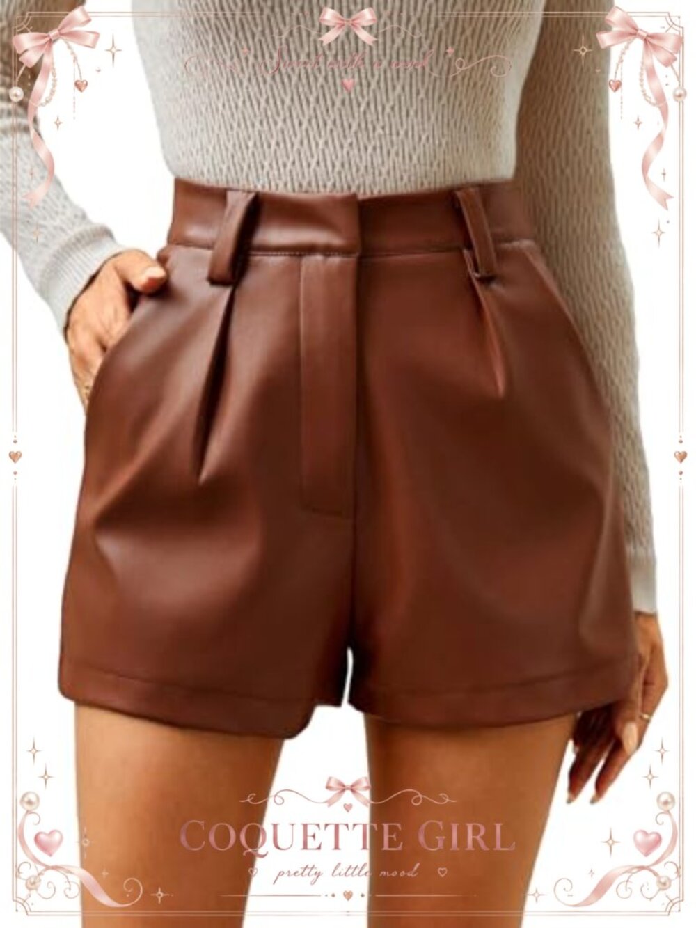 Faux Leather High Rise Wide Leg Shorts Pleated Casual